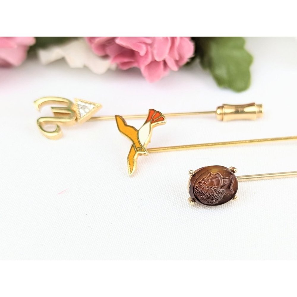 Assorted Vintage Stick Pins, Hat Pins, Coat Pin Orange Bird Caesar Cameo Diamond